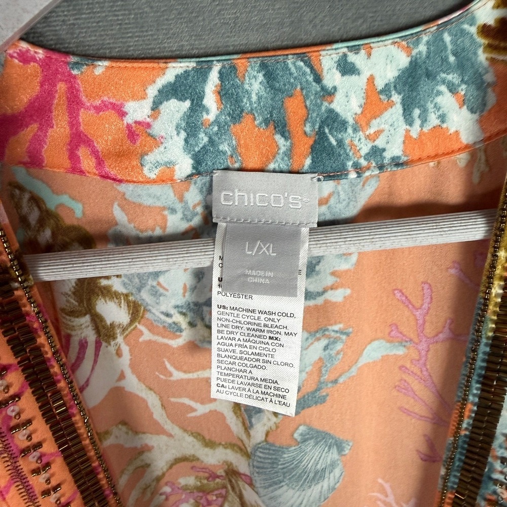 Chicos Open Kimono Slip Orange L/XL Seashell Print Beaded Bright Vacation Beach - Picture 3 of 16